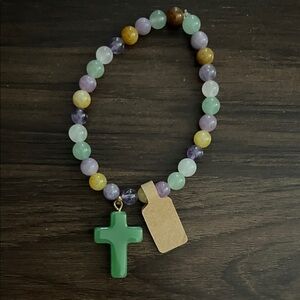Multi‑Gem Bead Bracelet with Green Cross Charm